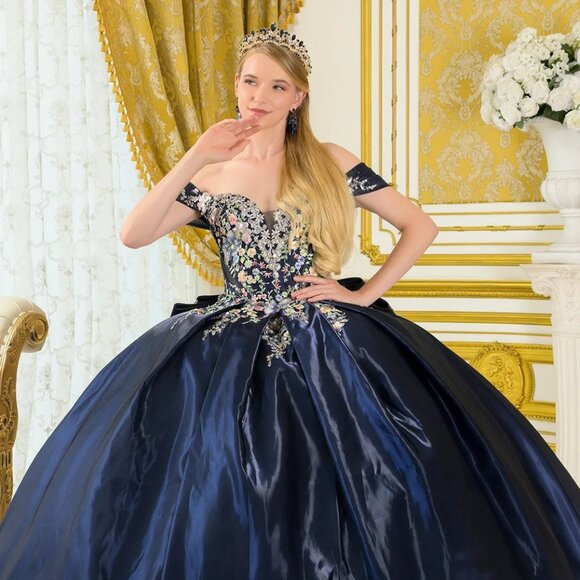 New Navy Off The Shoulder Quinceanera Floral Dress w/ Layered Skirt GL3792 - Picture 4 of 13